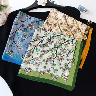 纯真丝梨花枝纯53小方巾素缎桑蚕丝26春夏丝巾百搭围巾领巾女