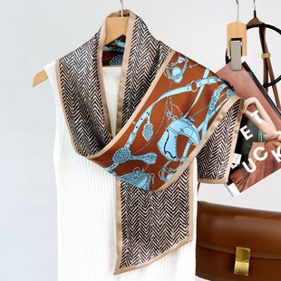 真丝双层丝巾150*16骏马列队桑蚕丝围巾百搭细窄长多功能装饰领巾