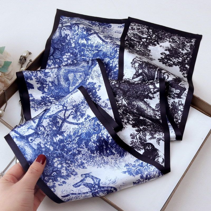 欧美风水墨丛林双层真丝长条领巾飘带桑蚕丝百搭多功能长条巾围巾