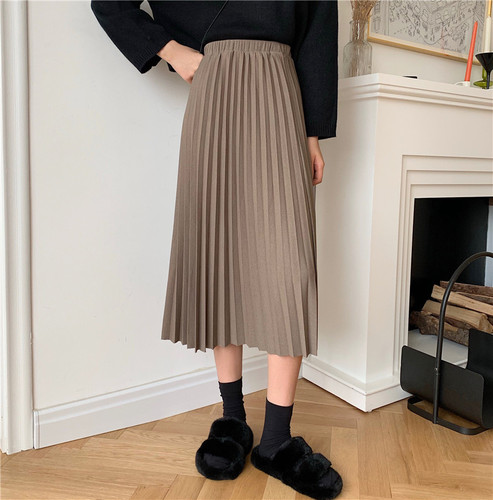 Real price skirt autumn Korean version of loose high waisted slim A-line pleated mid long skirt