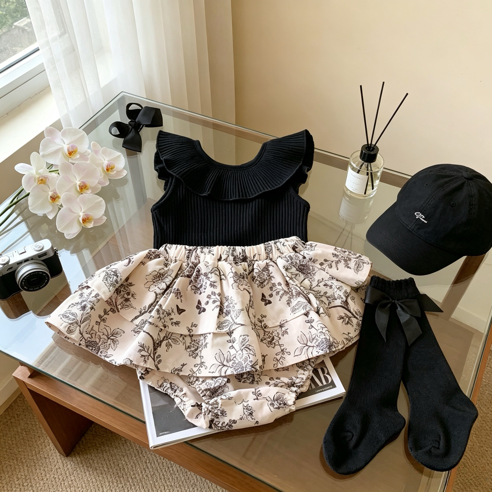 女童夏装宝宝夏天衣服幼儿洋气T恤荷叶领上衣+碎花包臀裤裙三件套