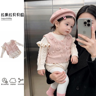 韩系ins女宝宝针织马甲套装婴儿A类粉色花朵背心+荷叶边毛衣哈衣
