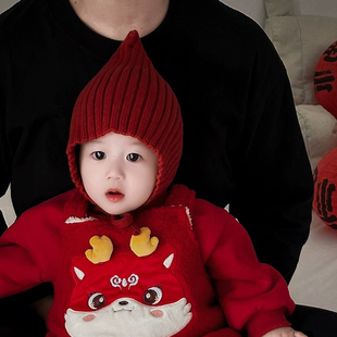 宝宝帽子秋冬新款婴儿针织护耳帽男童针织帽儿童巫师帽婴儿毛线帽