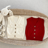 婴幼儿百搭V领毛衣棉线马甲女宝宝泡泡球针织衫 女童马夹背心外套