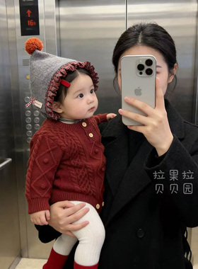 拉果拉小月龄宝宝过年穿搭红色麻花纹针织包屁衣保暖加绒哈衣套装