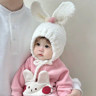 婴儿帽子秋冬款毛绒帽婴幼儿系绳护耳包头帽男女宝宝兔耳朵套头帽