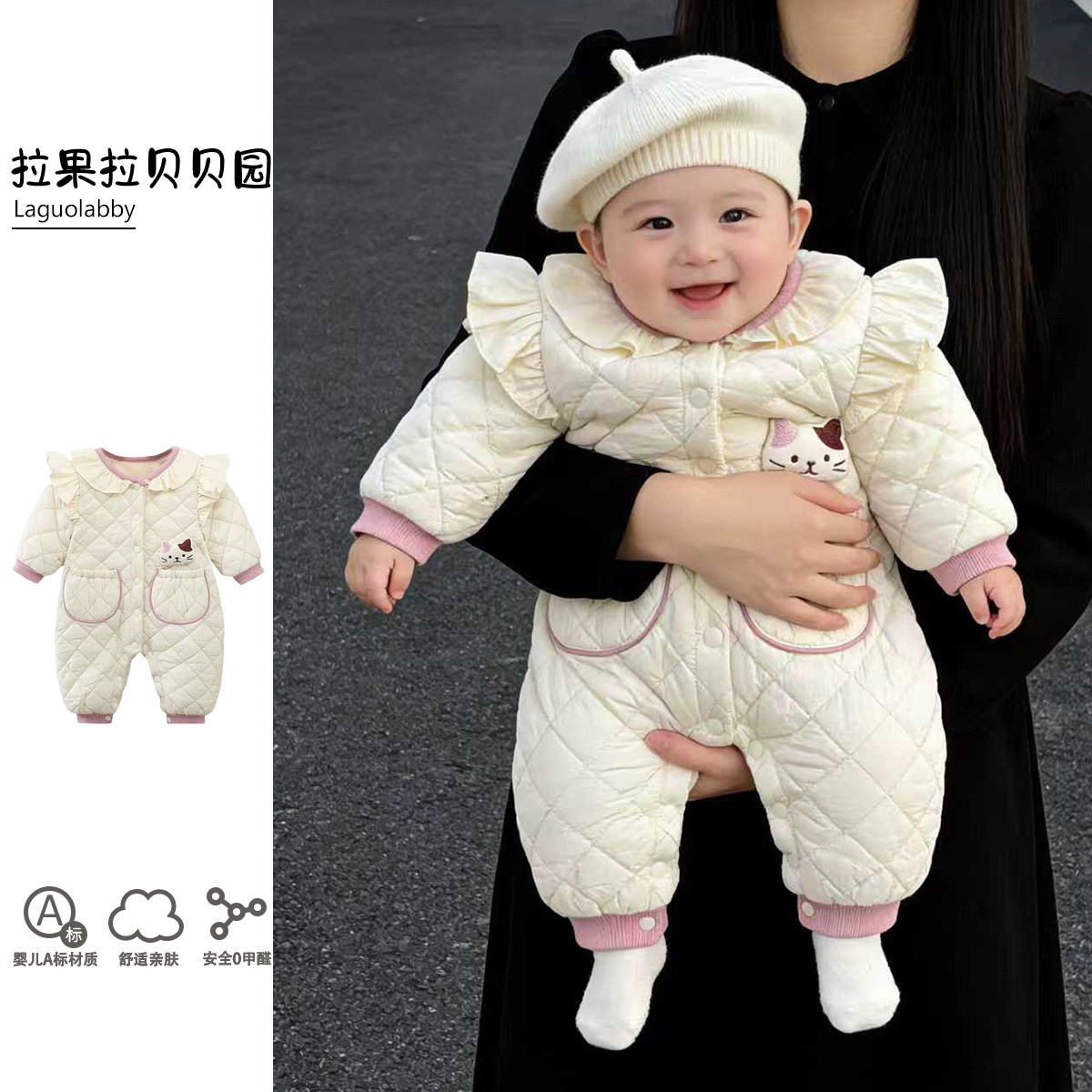 婴儿冬装新生儿加绒棉服连体衣女宝宝公主爬服棉衣外套保暖外出服