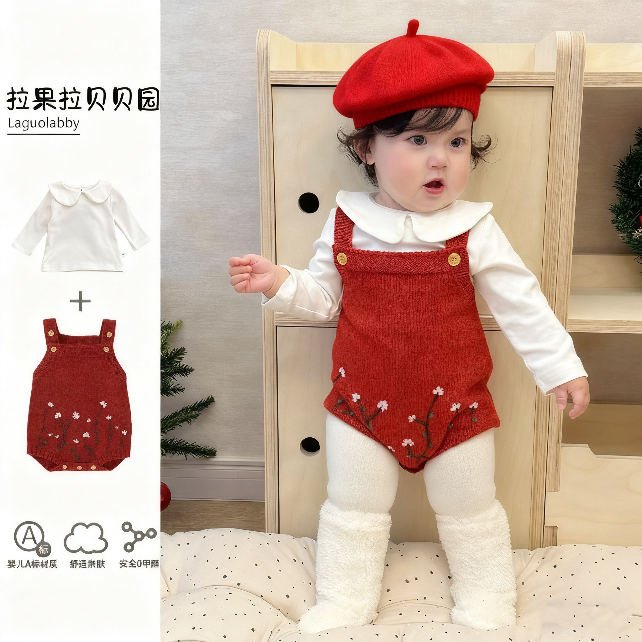 圣诞婴童穿搭拉果拉贝贝园红色针织背带裤打底衣贝雷帽一整套套装,童装/婴儿装/亲子装,套装,淘宝优惠券,粉丝福利购,淘宝优惠卷