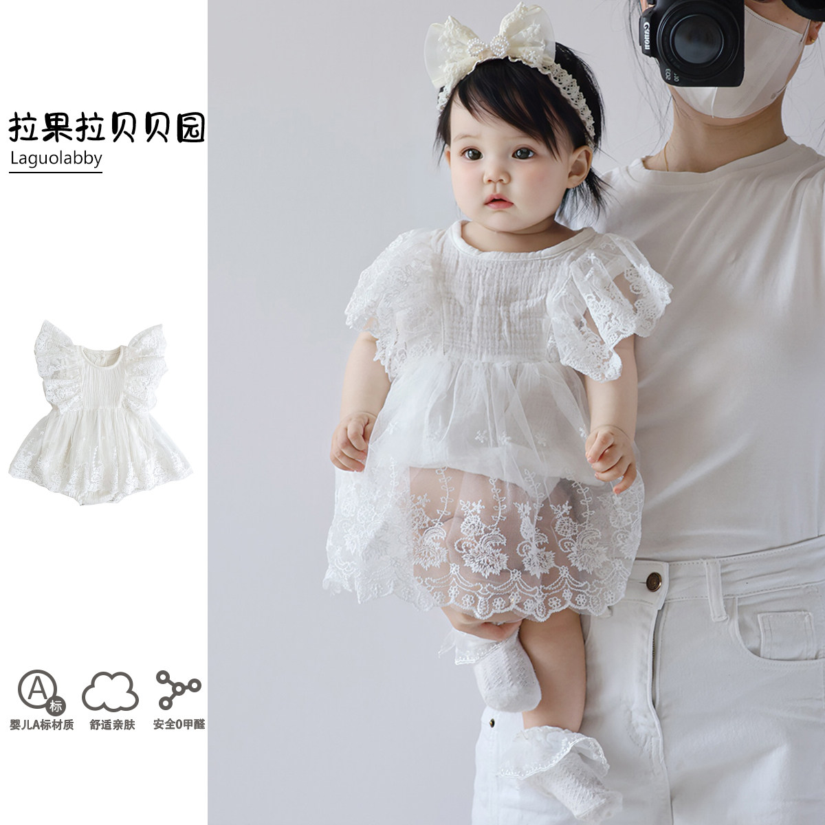 婴儿百日宴周岁礼服公主风包屁裙女宝蕾丝飞袖洋气哈裙连体衣套装图片