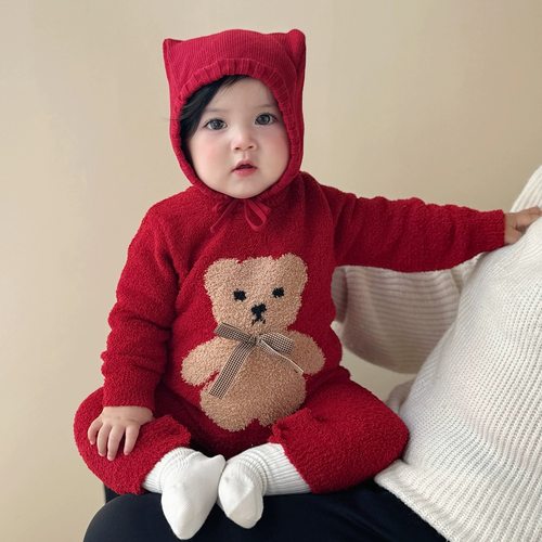 拉果拉婴儿拜年服连体衣宝宝圣诞小熊毛衣针织保暖爬服半边绒哈衣