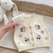 女童毛衣针织衫 婴儿纯棉棉纱线马甲外套宝宝百搭绣花背心上衣坎肩