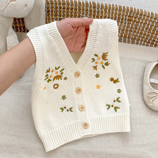 拉果拉贝贝园婴儿马甲秋装纯棉针织衫小月龄宝宝绣花马夹毛线背心