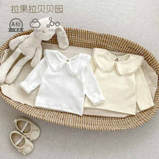 婴儿打底衣秋冬棉质内搭女宝宝百天周岁公主翻领甜美t恤百搭上衣