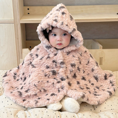 拉果拉婴儿斗篷宝宝冬季毛茸茸豹纹加厚保暖套装毛绒外套防风披肩