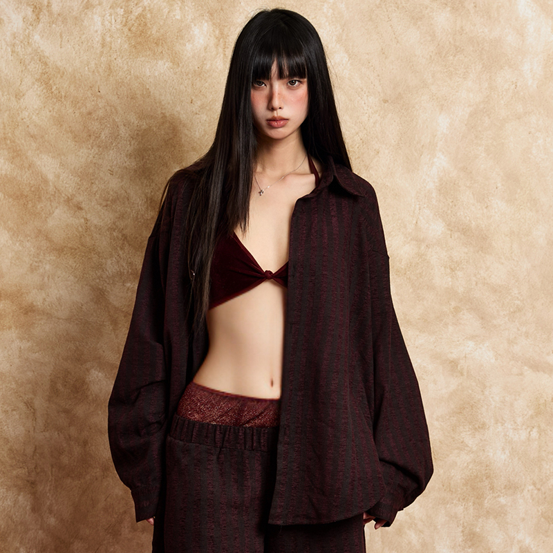 Ne0nV3il“触觉迷雾”竖纹暗红雪尼尔棉居家假两件时髦睡衣长裤