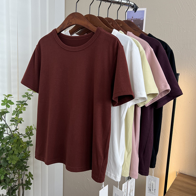 显白洋气猪肝红圆领纯色简约短袖显瘦弹力百搭休闲女正肩上衣