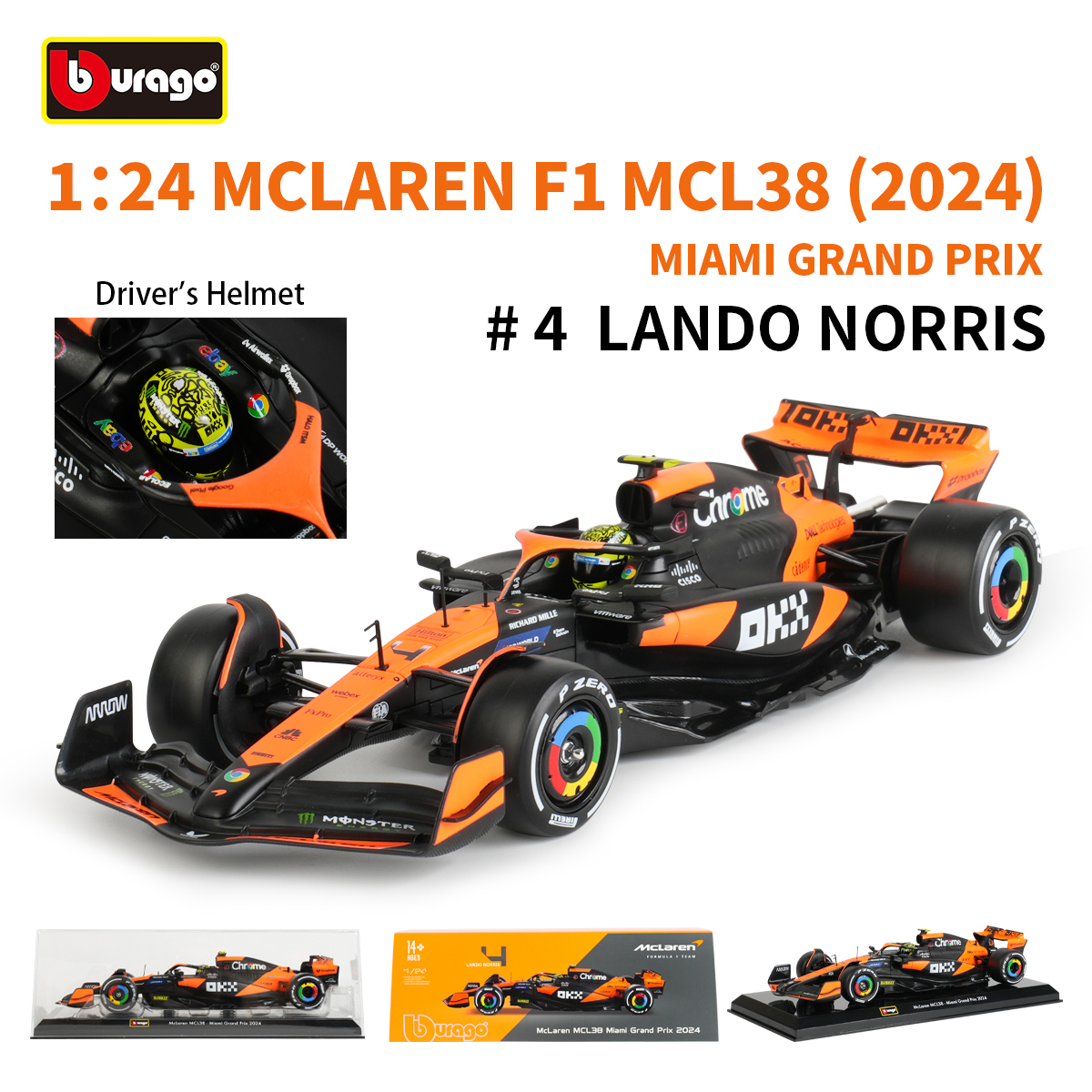 比美高1:24迈凯伦MCL38 迈阿密2024 F1方程式赛车合金仿真车模型