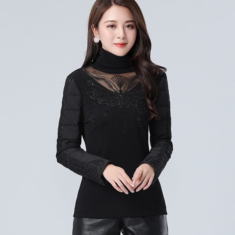 羽绒棉袖打底衫女冬短款蕾丝加绒加厚内搭配皮草马甲的高领毛衣厚