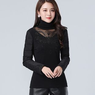 羽绒棉袖打底衫女冬短款蕾丝加绒加厚内搭配皮草马甲的高领毛衣厚