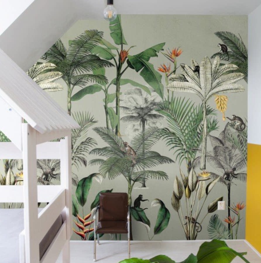 德国朗饰进口壁画 纳维亚风格 棕榈树 灰绿色香蕉树猴子图案墙纸