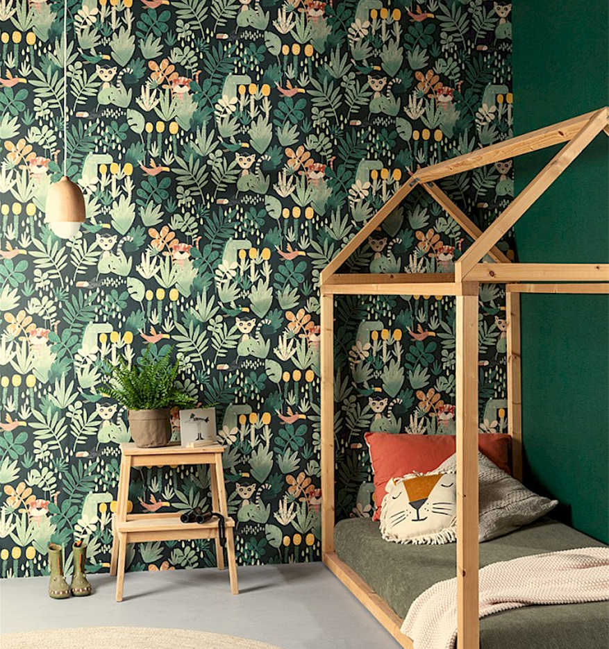 比利时原装进口墙纸ZOOM现代北欧儿童房壁纸丛手绘老虎巨嘴鸟野生