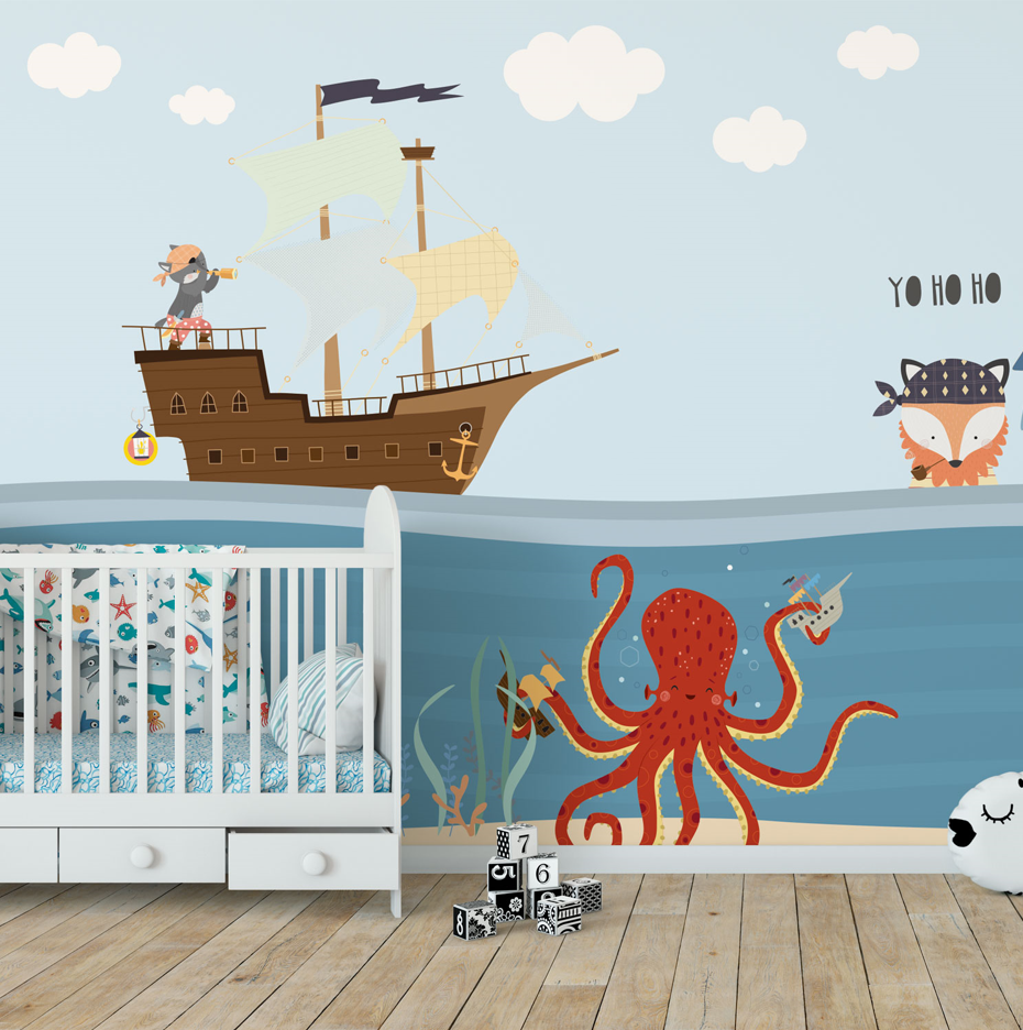 德国原装进口定制壁画unik现代北欧儿童男孩蓝色海盗卡通背景壁纸