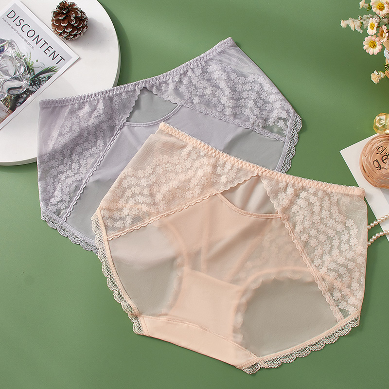 性感中腰后镂空提花蕾丝网纱内裤