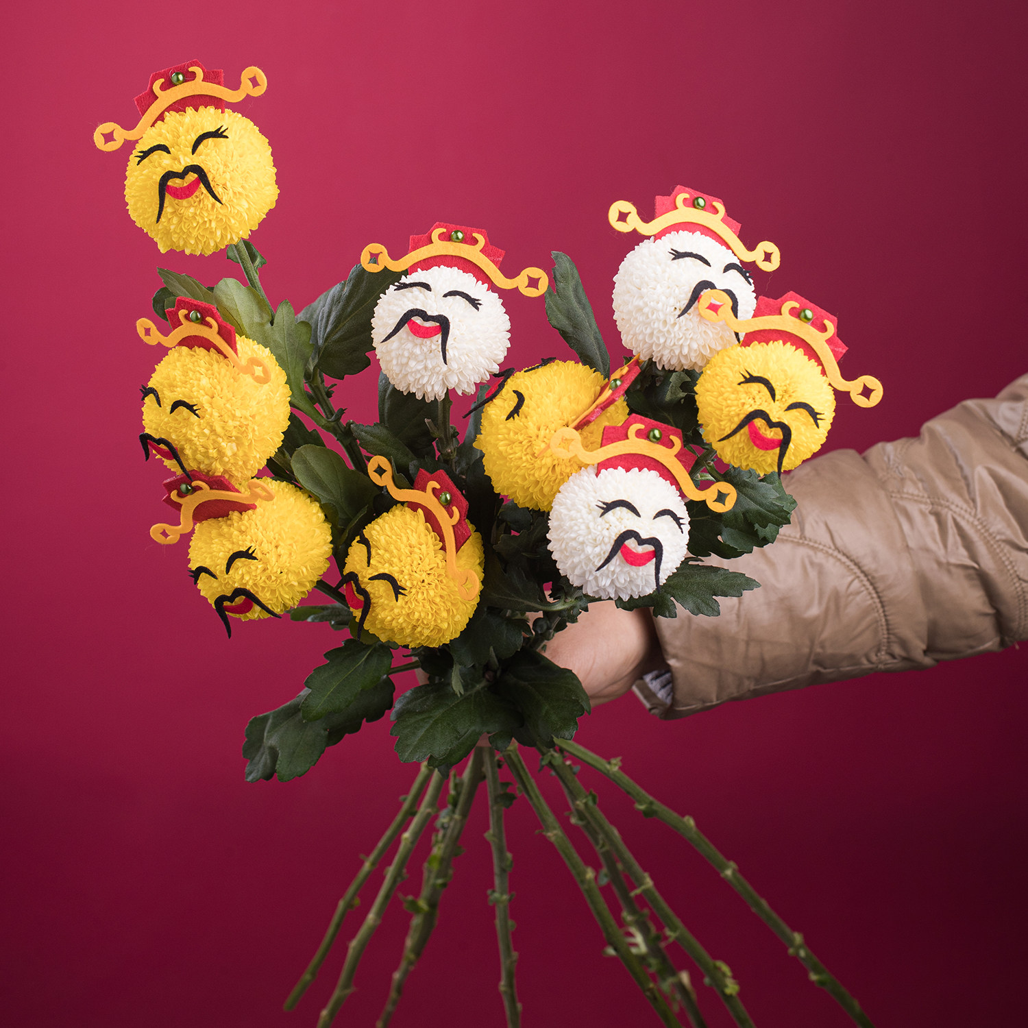 新年乒乓菊卡通表情材料包套装财神招财猫diy鲜花艺装饰可爱送胶