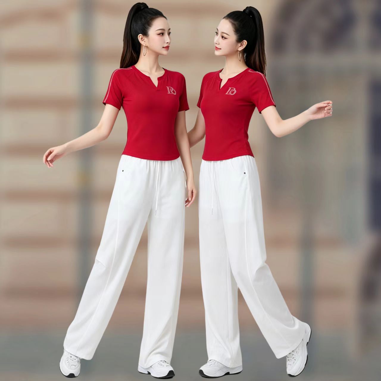2026夏季时尚广场舞服装套装女新款V领短袖阔腿裤跳舞蹈运动服棉