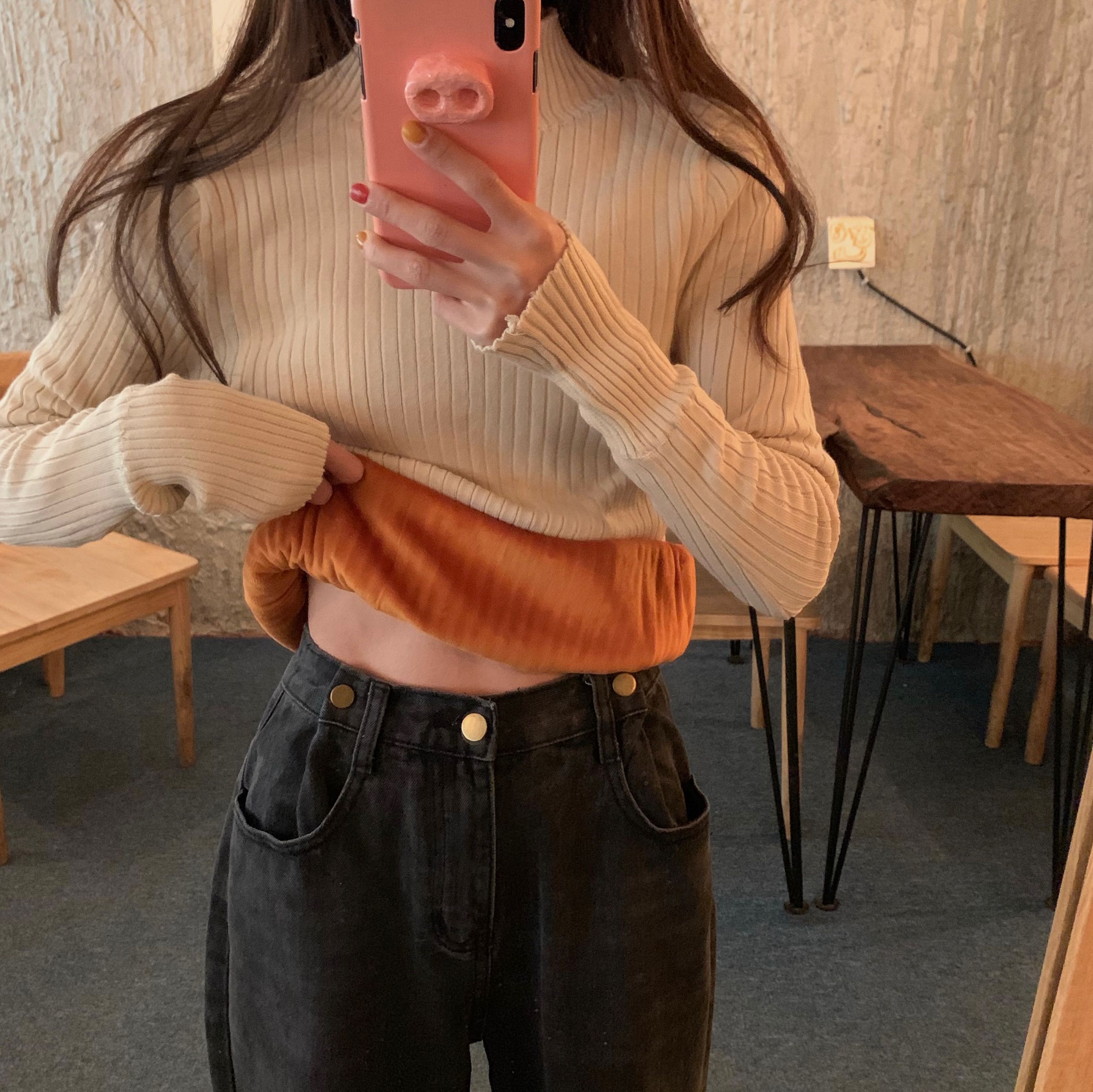 Real price half high collar bottomed sweater top Plush thickened pit head knitwear thermal underwear