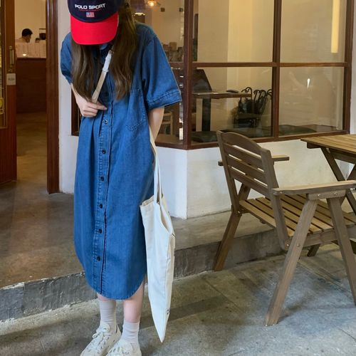 New real shot real price Korean retro denim dress women's meat covered slim medium length shirt skirt