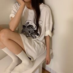 Real price cartoon T-shirt long and short shirt summer loose simple versatile black and white cartoon new short sleeve