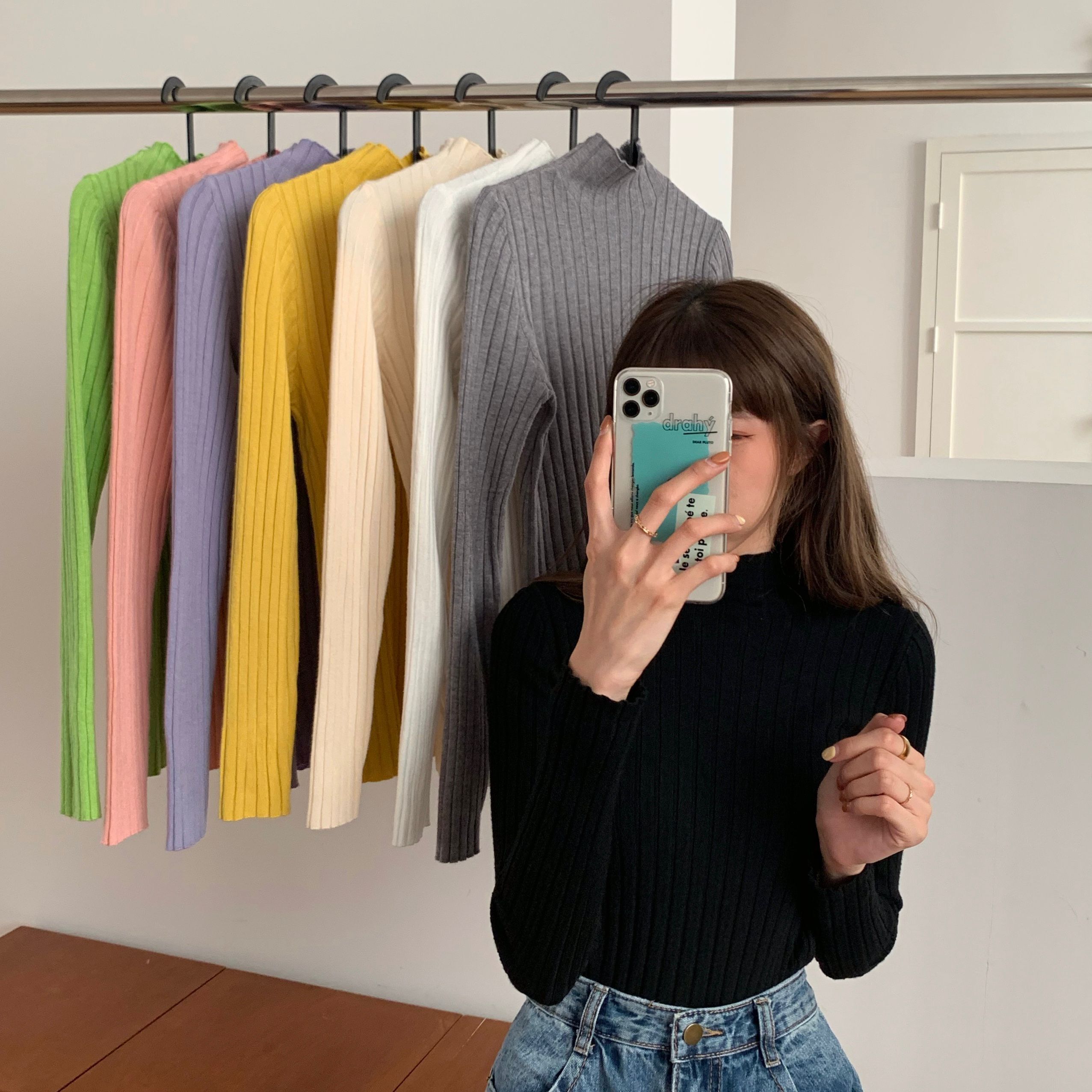 Real shot real price versatile pit stripe T-shirt top half high collar slim sweater long sleeve Pullover bottoming shirt