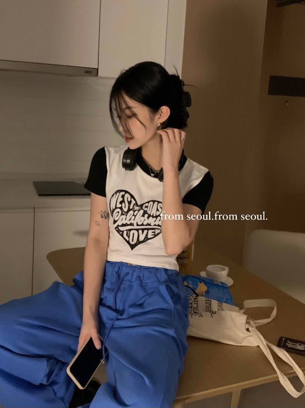 New real price American love retro English printing slim fitting short round neck T-shirt splicing short sleeve