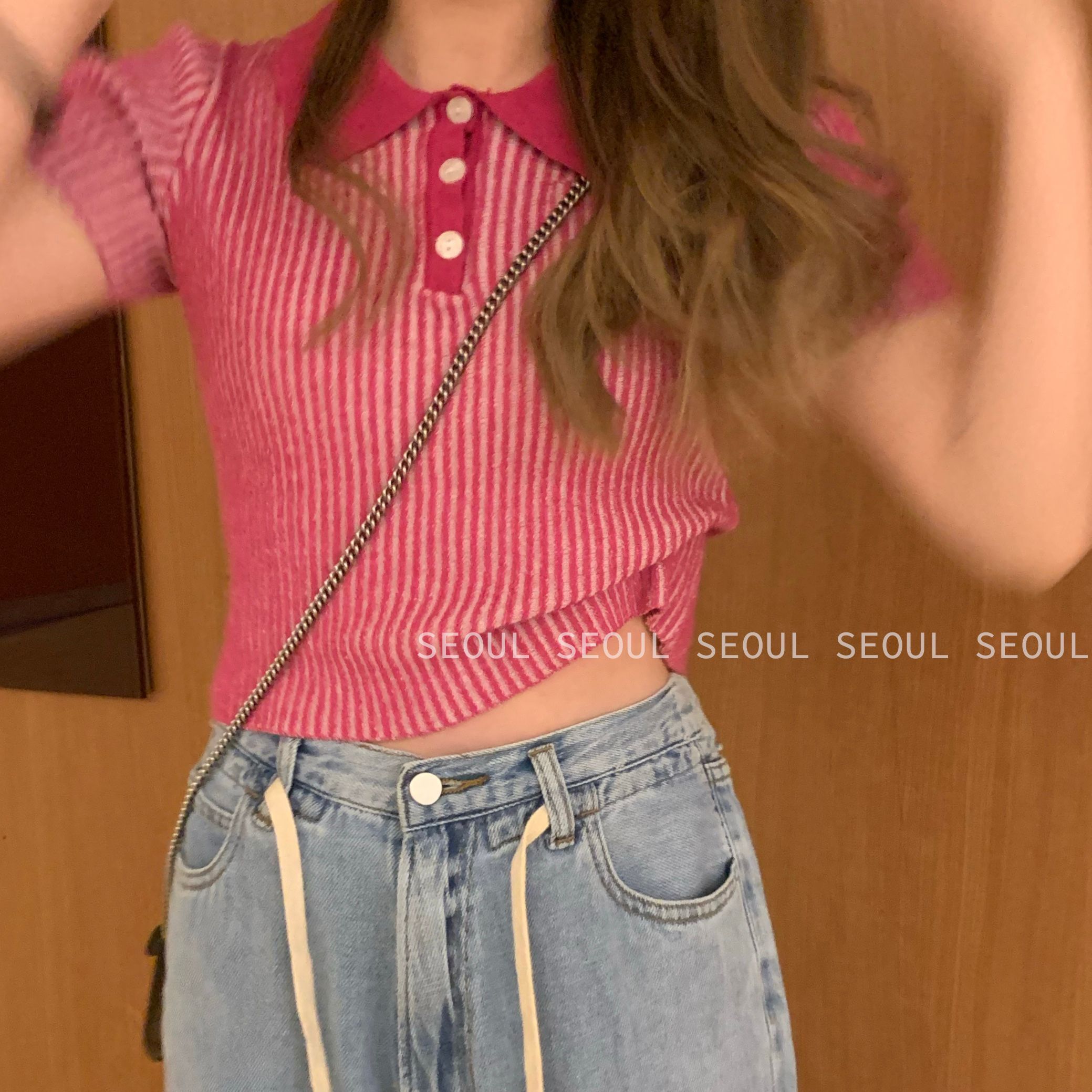 Real price Hong Kong Style Polo Shirt Short Sleeve T-Shirt pit bar knitted button slim lapel