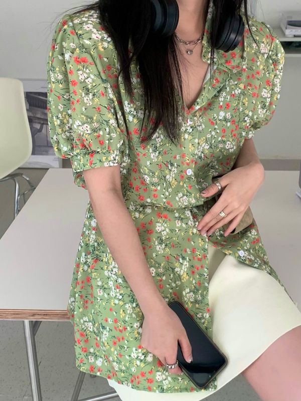 New style real price fashionable floral bubble sleeve short sleeve button down shirt skirt ~ leg length dress
