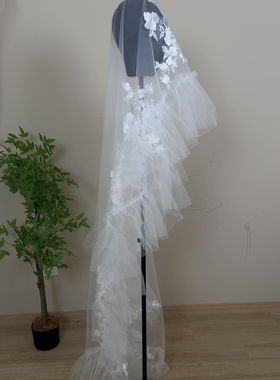 荷叶边复古蕾丝头纱新娘婚纱配饰品样片旅拍外景造型旅拍写真摄影
