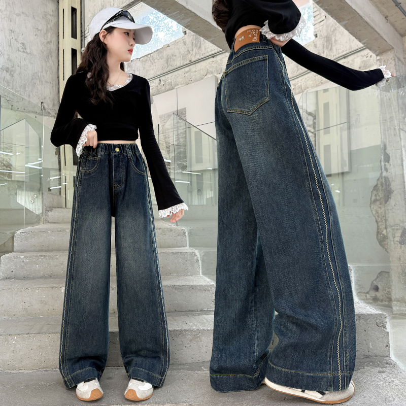 女童秋冬新款侧拼工艺阔腿牛仔裤