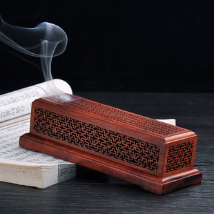 大红酸枝冰裂纹窗格线香盒实木香道茶空间镂空熏香盒荷丹正方香盒