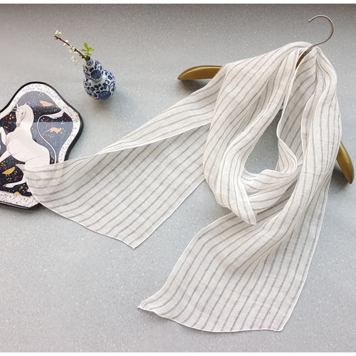 100%纯亚麻领巾 春夏新品韩版细长条纹薄款护颈领巾小围巾女包邮