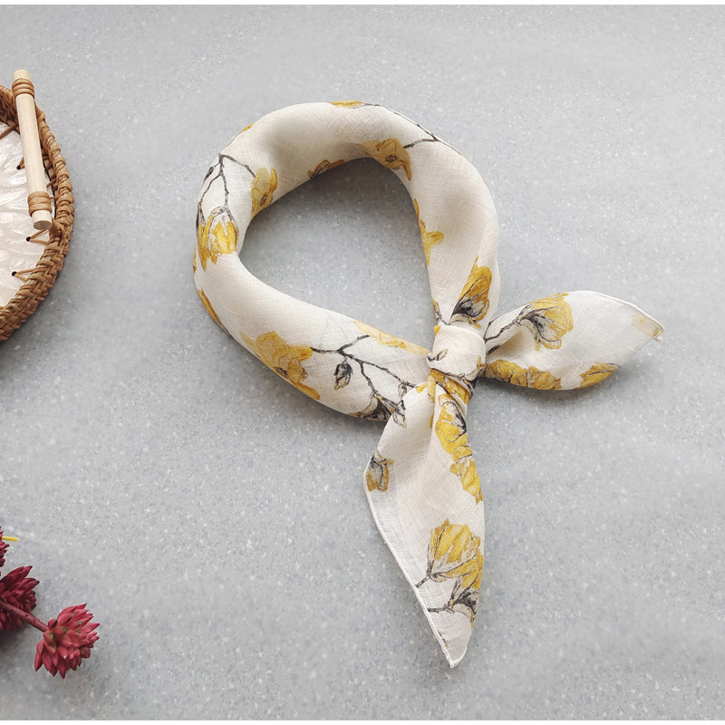 100%纯亚麻小方巾春夏新品轻薄透气时尚百搭印花丝巾小围巾女包邮