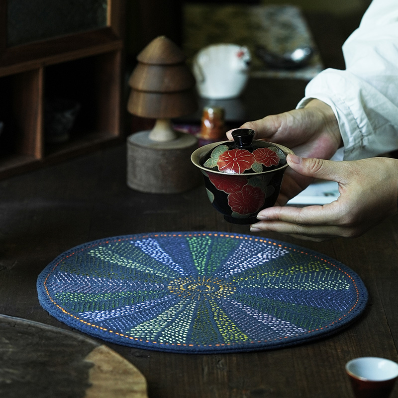 钟声刺绣 全手工彩虹经纬盘茶席垫置物垫隔热垫耐磨耐用 茶道零配