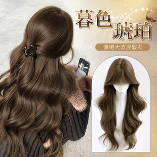 假发全头套女仿真人发丝无痕前额大头皮齐刘海大波浪长卷发假发套