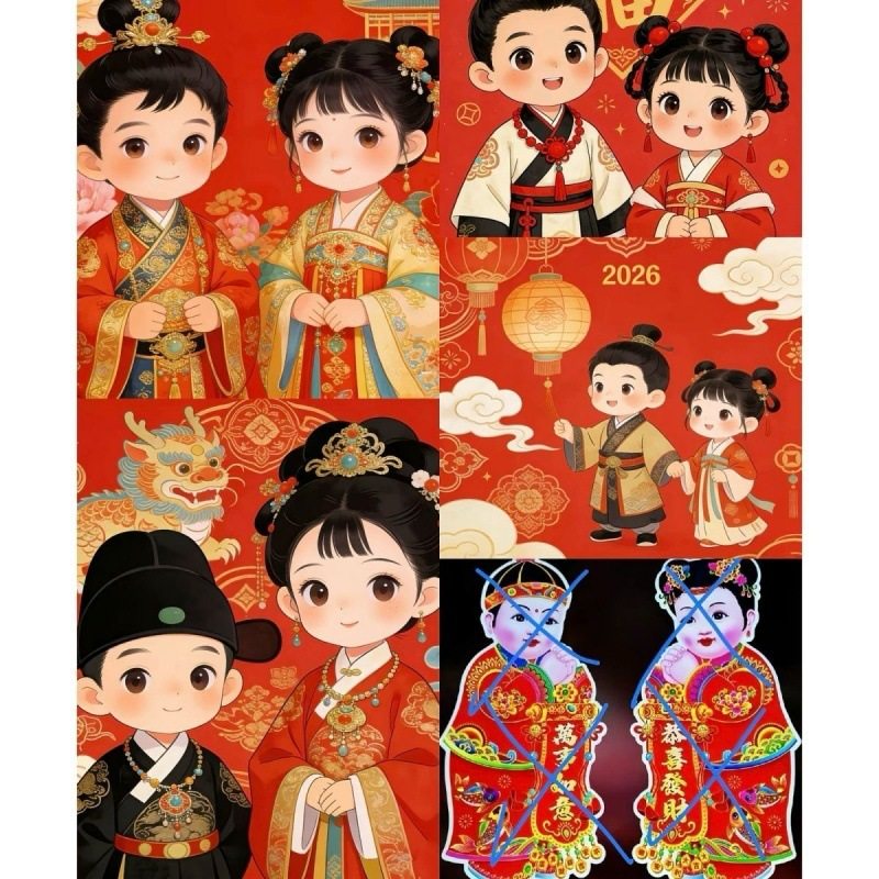 汉服年画娃娃2026马年新款明制金童玉女春节装饰门贴纸喜庆贴画,家居饰品,软装墙贴,淘宝优惠券,粉丝福利购,淘宝优惠卷