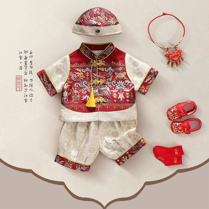 蛇年宝宝周岁礼服夏季分体新中式男童唐装冠衣婴儿生日宴抓周汉服