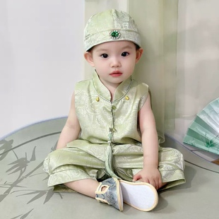 男宝马年周岁礼服中式夏薄款婴儿抓周唐装分体男童生日宴马甲套装