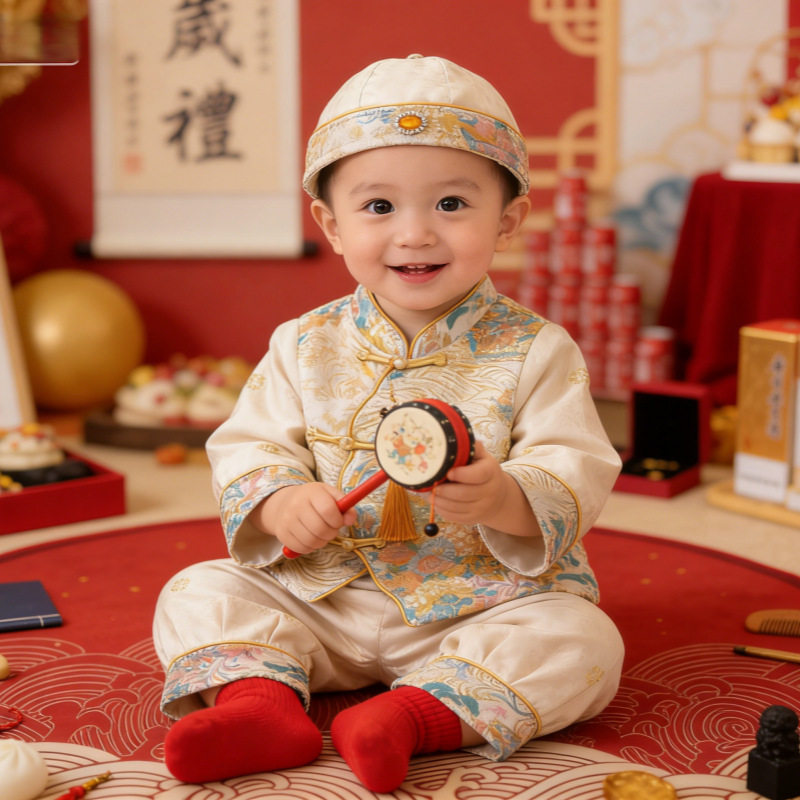 男童汉服生日宴长袖套装春夏款婴儿冠衣宝宝一周岁礼服新中式唐装