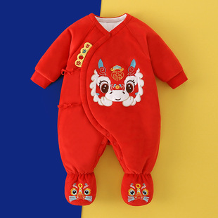 马年连体衣初生婴儿满月服包脚保暖新生儿百天哈衣夹棉宝宝拜年服
