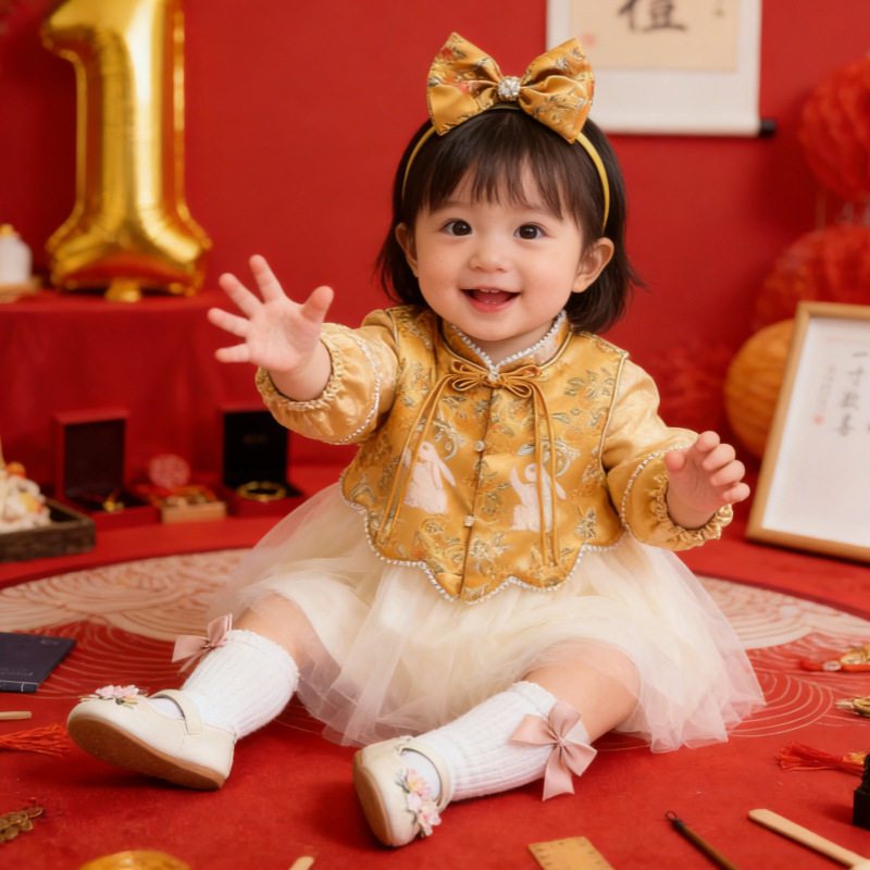 女童新中式马甲唐装连衣裙春秋装婴儿礼服宝宝周岁宴中国风公主裙