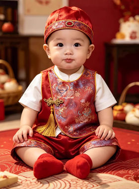 夏季宝宝周岁礼服唐装马甲套装